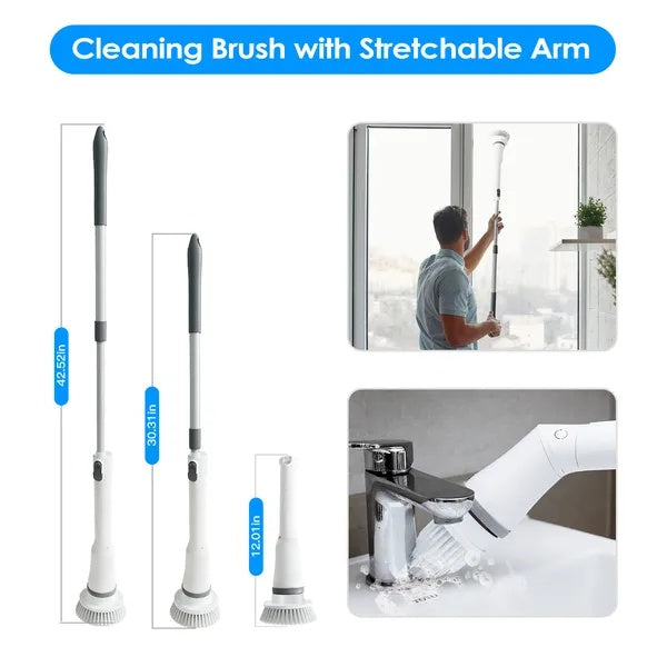 Electric Spin Scrubber Cordless Rechargeable Telescopic Cleaning Brush 6 Replaceable Heads